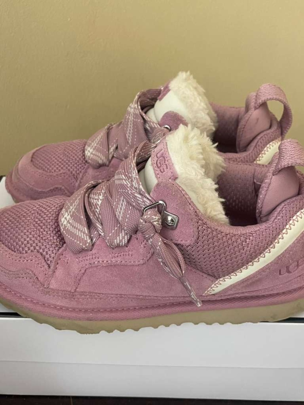 UGG Kids Pink Suede & Shearling Lace-Up Sneakers